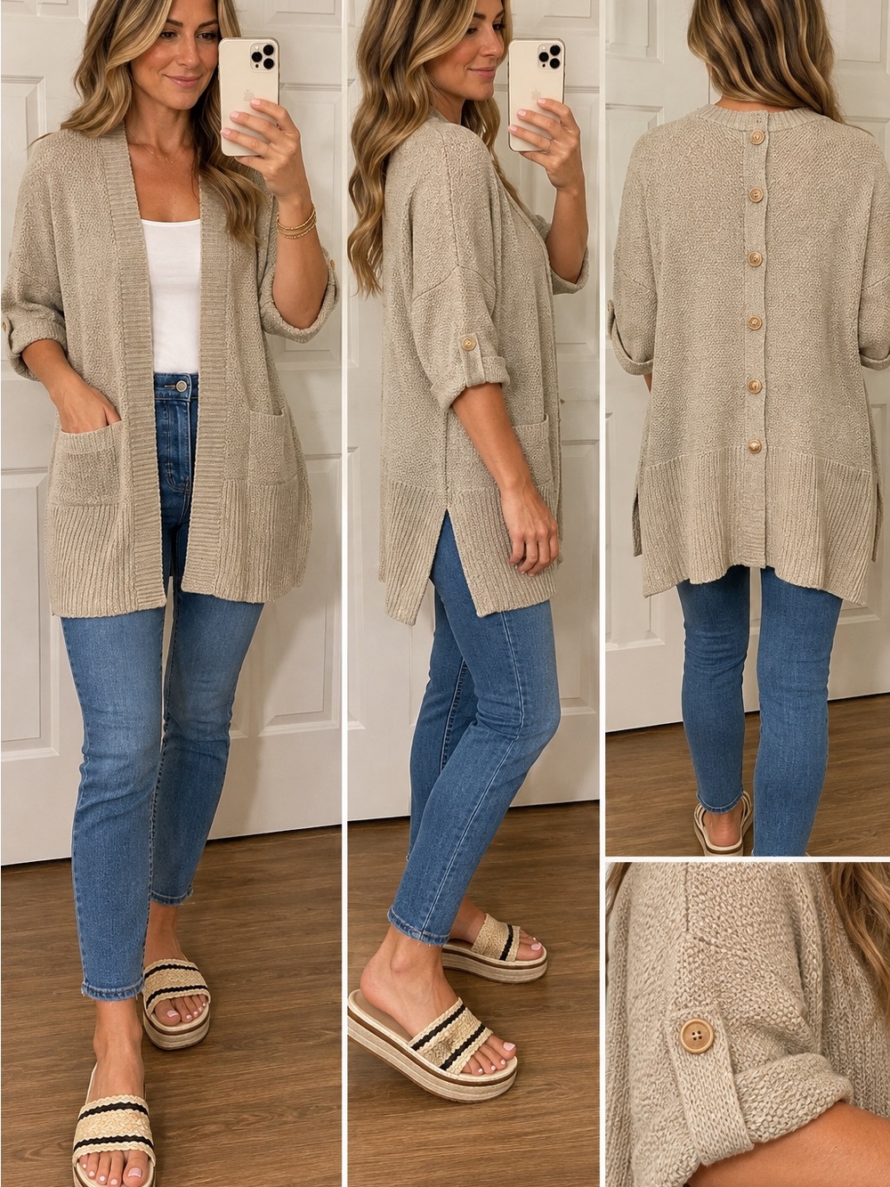 Blu Pepper Open-Back Button Knit Cardigan Sweater - Beige